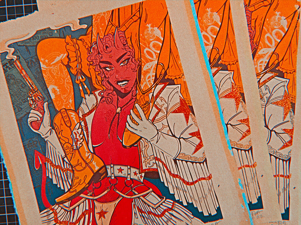 Wanted: Dead or Alive seven color screenprint, on archival paper with gold glitter flock