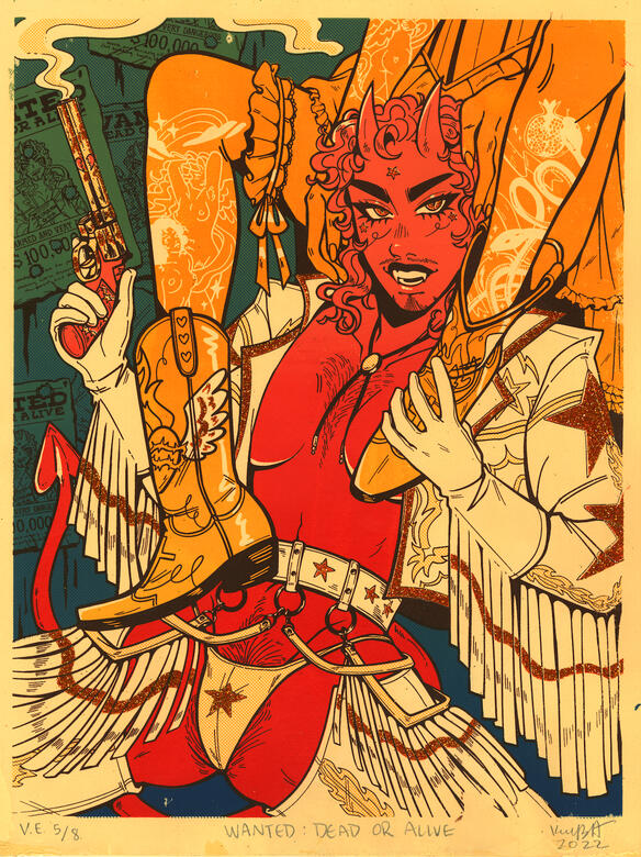 Wanted: Dead or Alive seven color screenprint, on archival paper with gold glitter flock
